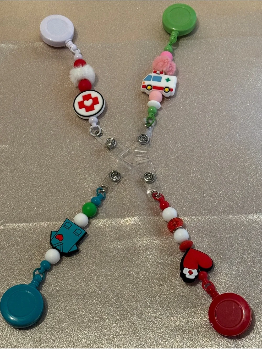 Handmade Beaded Preppy Medical Red Cross Heart Badge Reel & Keychain Set